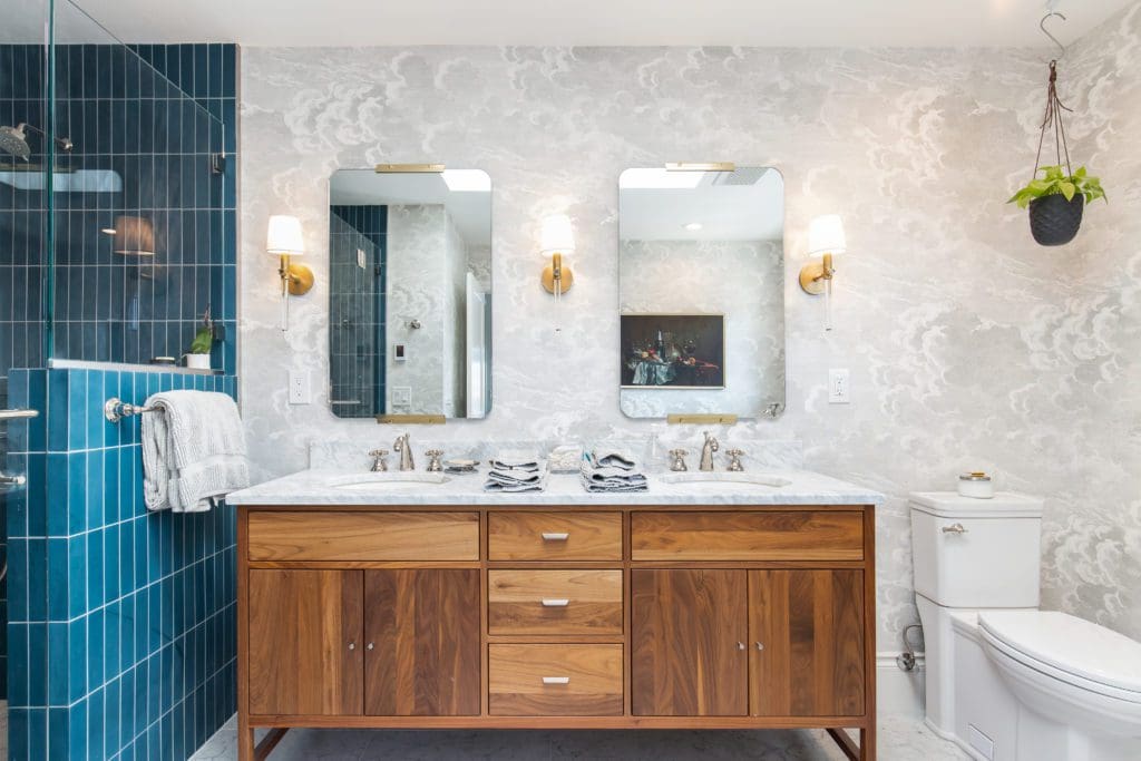 253829thAvenueWest_0012 Modern bathroom with a double vanity and blue shower