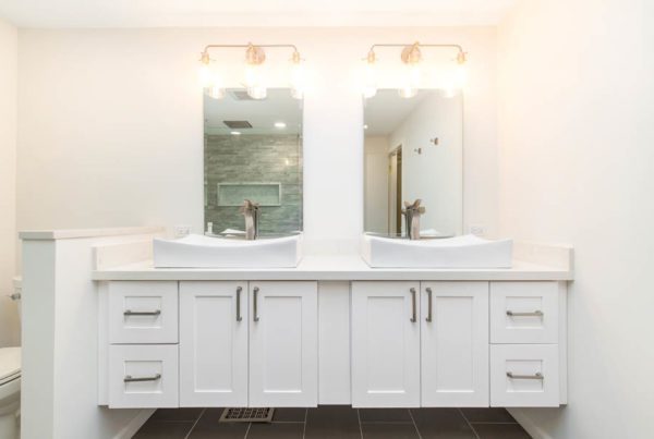 Modern white bathroom with a double sink vanity and mirrors