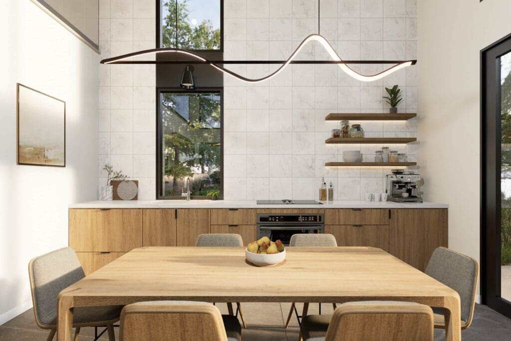 D5_Image 1_20230609_143529 (1) A modern kitchen with wooden cabinets, floating shelves, and a light wood dining table for six. Large windows fill the space with natural light, while a wavy pendant and bowl of fruit complete the look.