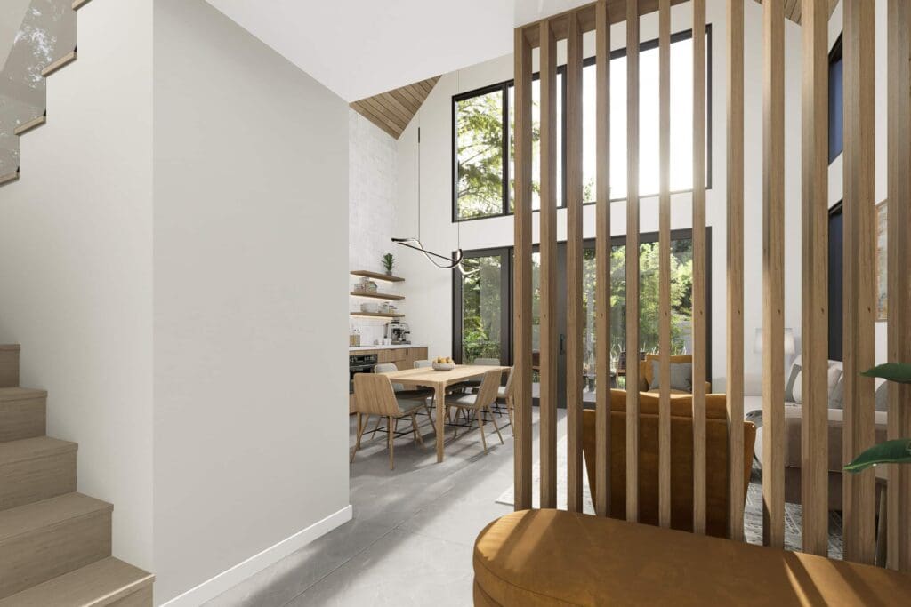 D5_Image 3_20230609_142850 (1) Modern, bright living and dining area with large windows letting in sunlight, a wooden slat divider, wood and leather furniture, and a staircase with light wood steps on the left—an inviting highlight of this DADU Floor Plan. Greenery is visible outside.