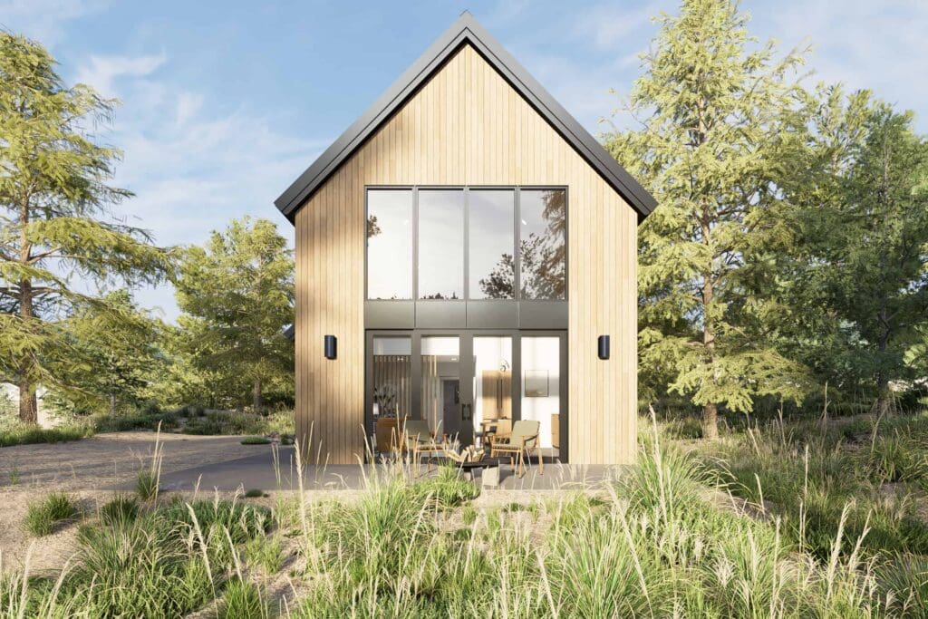 D5_Image 5_20230609_142141 (1) A modern wooden DADU with a DADU floor plan, featuring large floor-to-ceiling windows, surrounded by trees and tall grass, bathed in natural daylight under a blue sky.