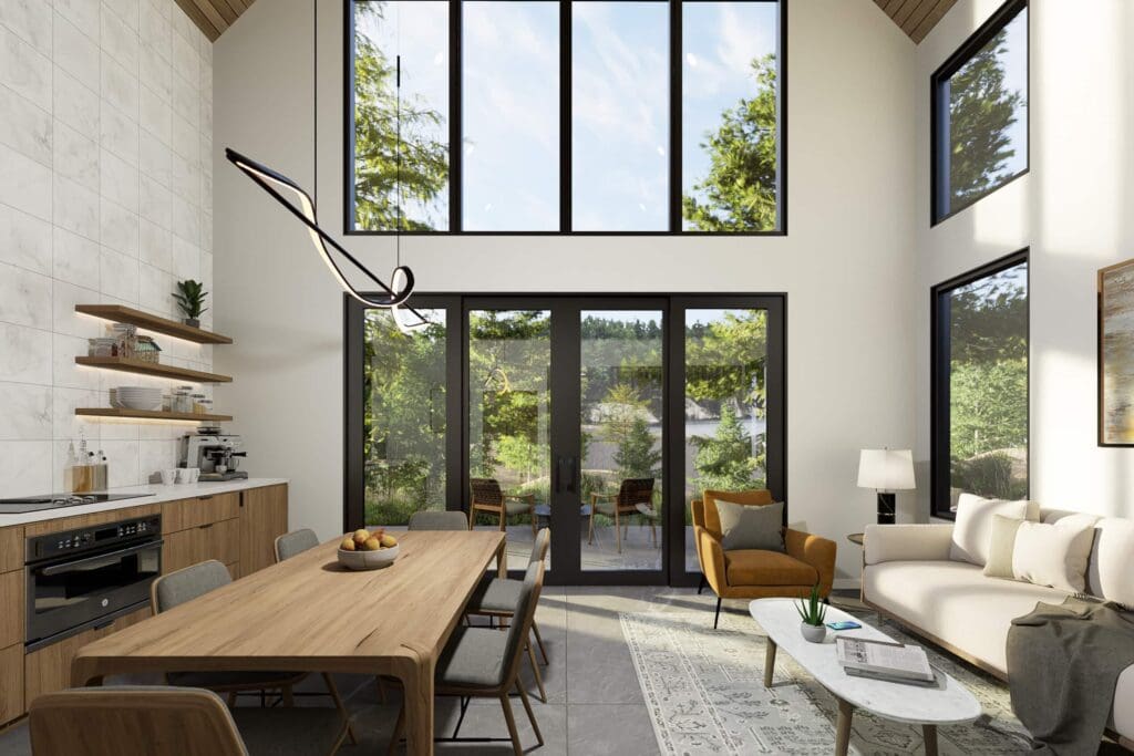 D5_Image 6_20230609_141701 (1) Modern open-concept living and dining area with large windows, neutral colors, a wooden dining table, cozy sofa, and armchair embraces the DADU Floor Plan. Kitchen with open shelves is visible on the left, overlooking greenery outside.