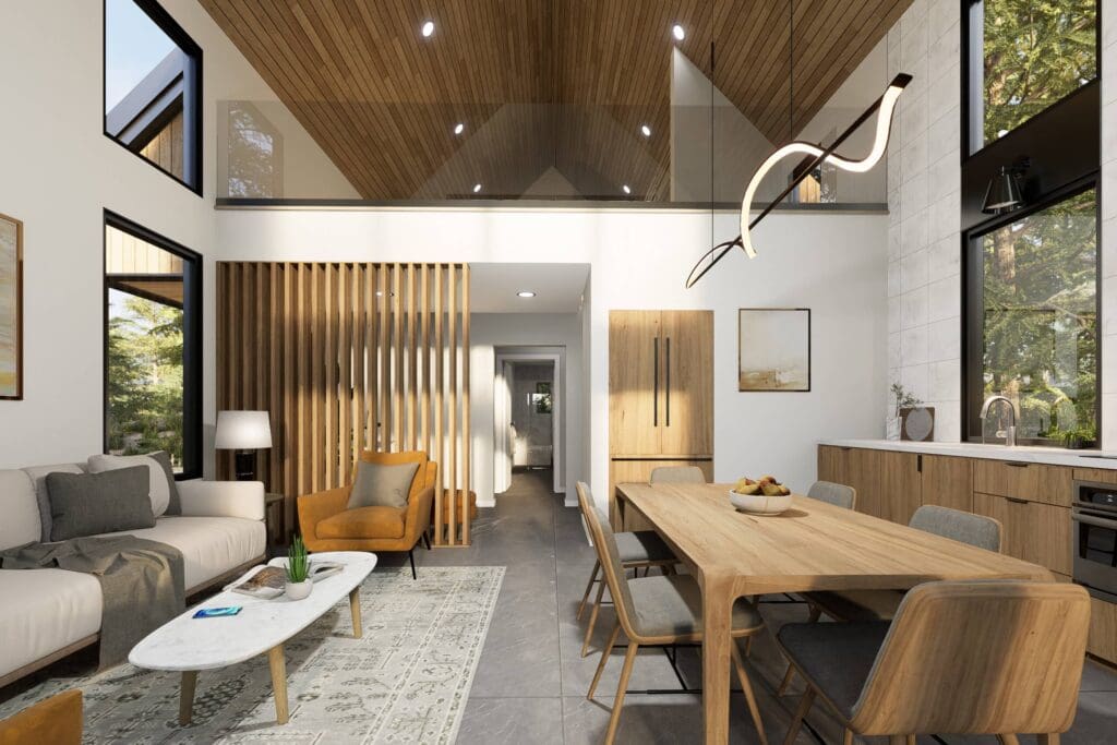 D5_Image 7_20230609_141342 (1) Modern open-concept living and dining area featuring a high wood-paneled ceiling, large windows, and contemporary furniture. The smart DADU Floor Plan optimizes space throughout the gray sofa, orange armchair, wooden dining table, and sleek kitchen cabinets.