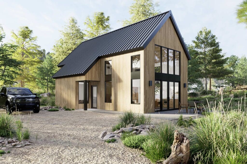 D5_Image_20230609_140147 (1) Modern wooden DADU with large vertical windows and a black metal roof. Surrounded by trees and greenery, a black SUV sits on the gravel driveway under a sunny sky.
