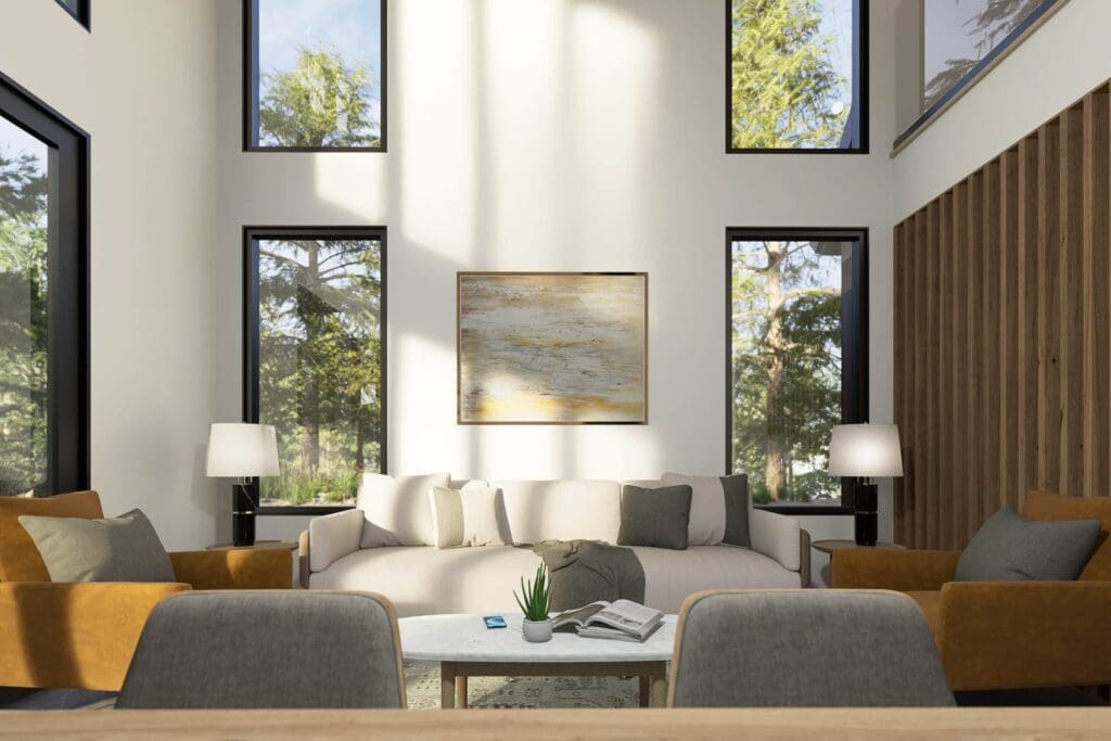 D5_Image_20230609_143855 (1) A modern living room within a DADU Floor Plan features tall windows, a white sofa, brown armchairs, side tables with lamps, a minimalist painting, and a coffee table with books and a plant. Sunlight streams through the windows.