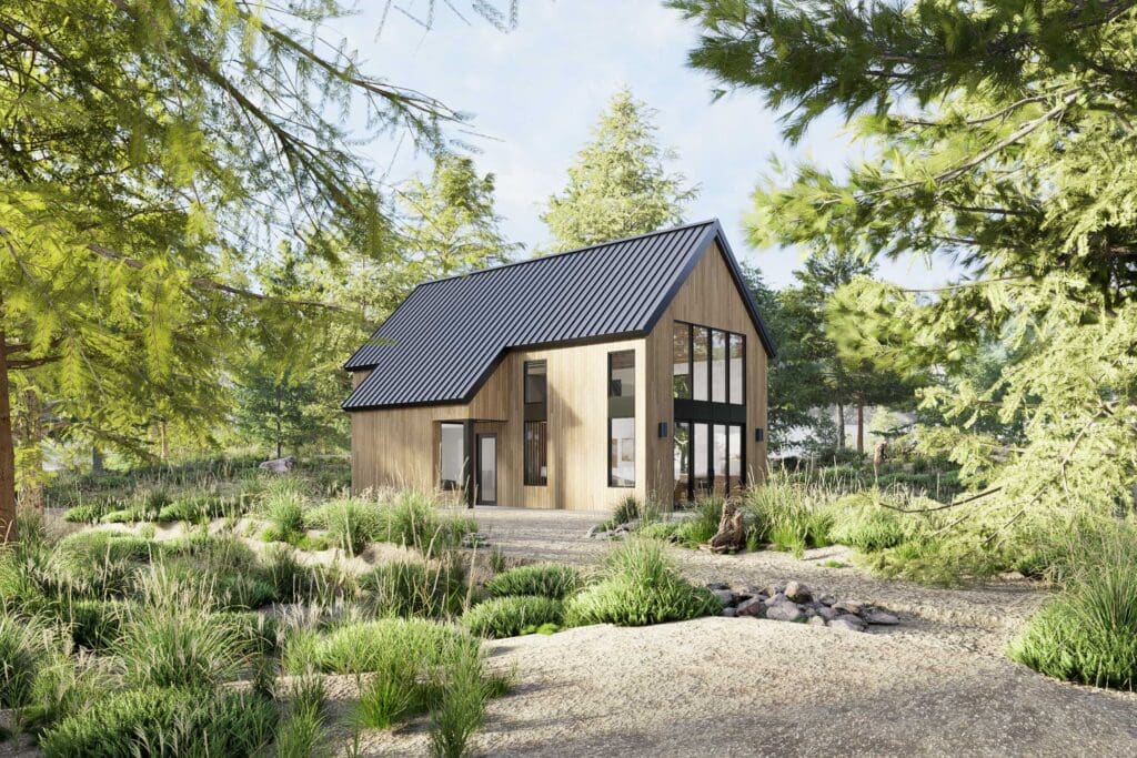 D5_Image_20230613_091549 (1) A modern wooden cabin with large windows and a dark roof sits surrounded by lush green trees in a peaceful forest. Featuring a thoughtful DADU floor plan, sunlight filters through the foliage, creating a calm and inviting atmosphere.