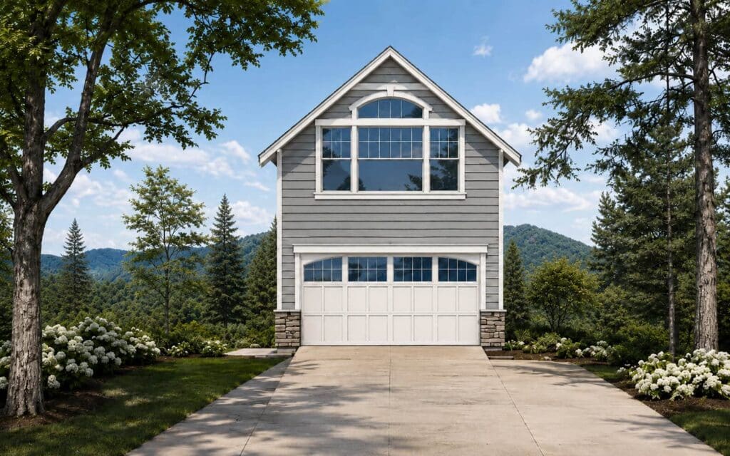 Amelia-1 Gray two-story DADU with large windows and a white garage door, surrounded by trees, shrubs, and green lawn, set against a backdrop of forested hills and a partly cloudy sky. The property features a concrete driveway leading up to the house and offers potential for added versatility with options for an additional DADU floor plan.