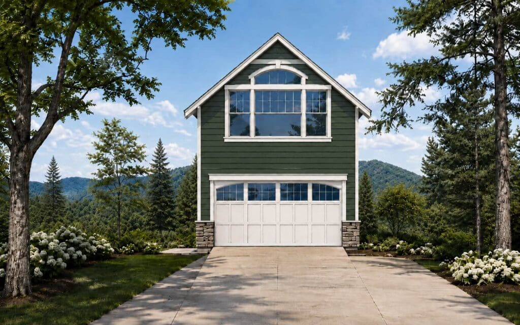 Amelia-Option-2-1 A green two-story DADU with white trim and large windows sits at the end of a driveway, surrounded by trees and mountains under a blue sky with clouds, showcasing a thoughtfully designed DADU floor plan that maximizes both space and natural light.