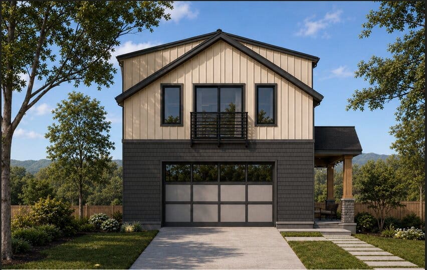 CK-Juliet-Option-1-1 Modern two-story DADU with beige siding, black trim, large windows, and a two-car garage. Featuring a versatile DADU floor plan, this home includes a small porch on the right, surrounded by green lawn, landscaping, and trees under a blue sky.