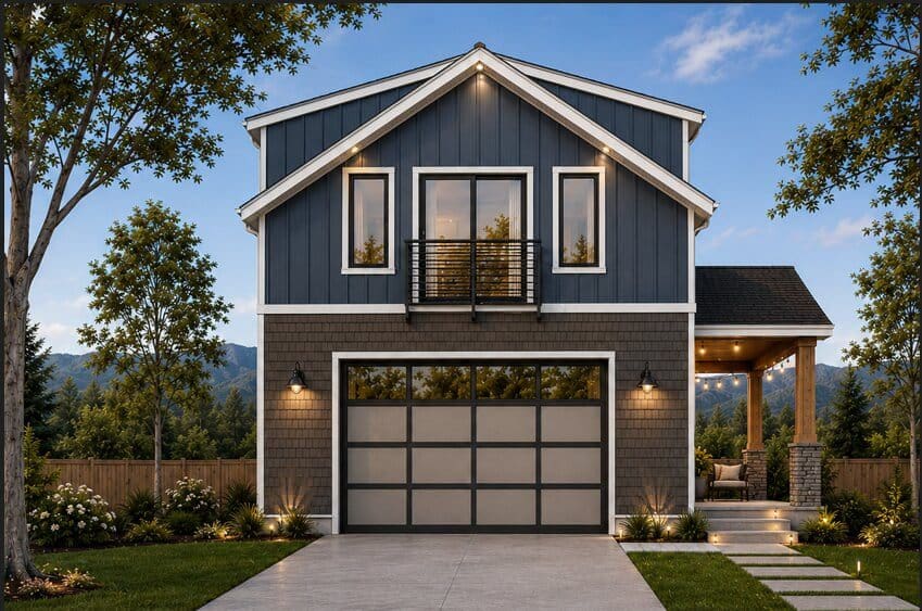 CK-Juliet-Option-2-1 Modern two-story DADU with a dark gray exterior, large windows, and a glass garage door. Featuring a versatile DADU floor plan, the home is surrounded by trees, landscaped yard, and a covered porch on the right side.