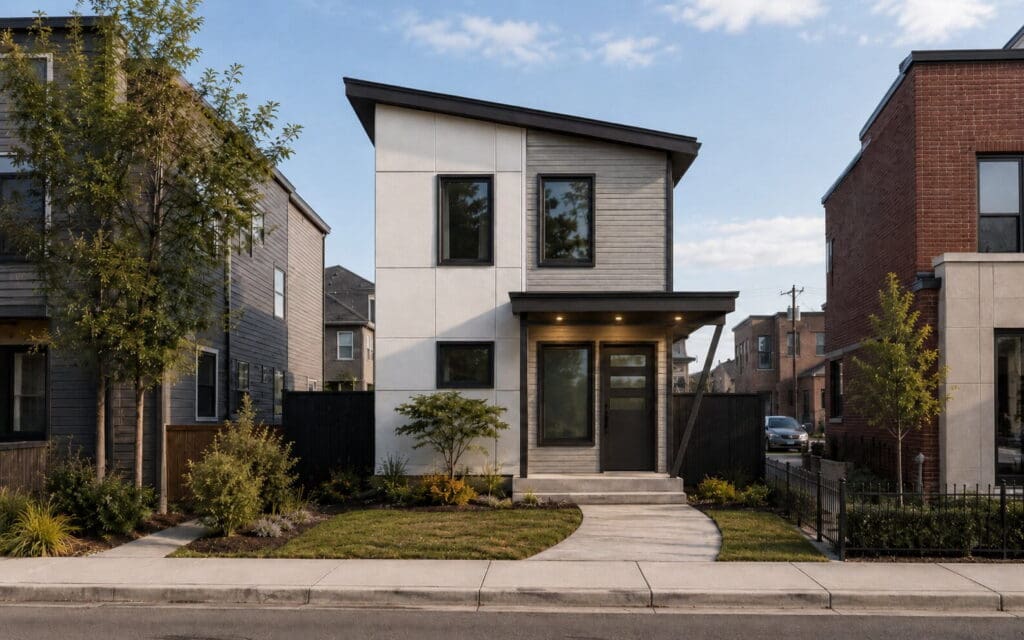 Freya-Option-1-1 Modern two-story DADU with a slanted roof, large windows, gray and white exterior, and a small front yard with a curved sidewalk and landscaping. Featuring elements inspired by a DADU floor plan, this home is situated in a charming neighborhood with houses and trees visible on both sides.