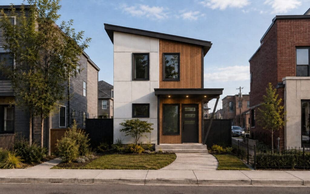 Freya-Option-2-1 Modern two-story DADU with white and wood panel exterior, flat roof, large windows, small front yard with plants, and a concrete walkway leading to the front door. The property also features a versatile DADU floor plan, providing additional living space or potential rental income. Adjacent homes are visible on either side.