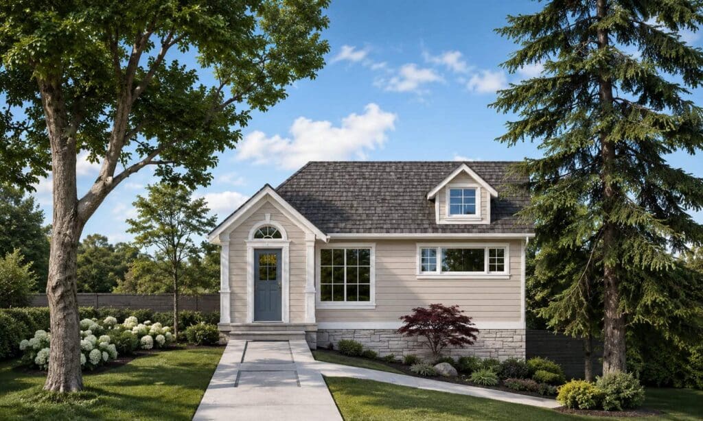 Harper-1 A small, beige DADU with gray roof and white trim sits amid green trees and shrubs. Following a concrete path to the front door under a sunny, blue sky, you’ll discover a thoughtfully designed DADU floor plan that maximizes comfort within its charming setting.
