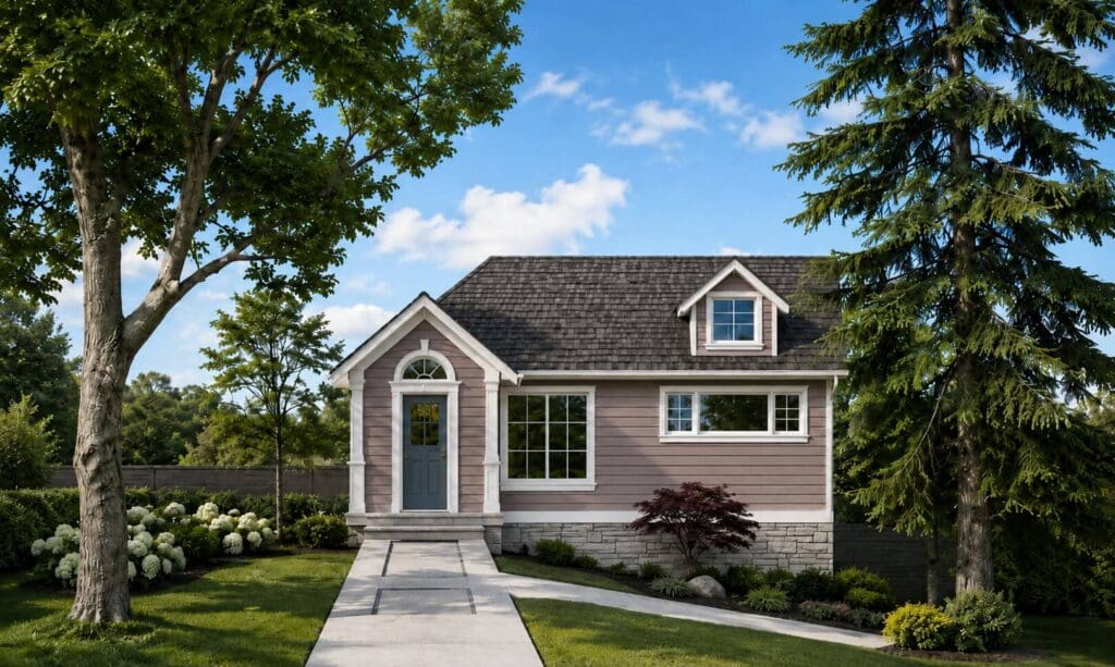 Harper-Option-2-1 A small, single-story DADU with purple siding, white trim, and a gray shingled roof sits behind a sloped walkway, surrounded by trees and landscaped shrubs on a sunny day; its thoughtful DADU floor plan makes the most of compact living while maintaining charm and functionality.