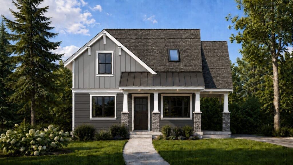 Muave-Option-2-1 A modern gray DADU with white trim, covered front porch, sloped roof, and dormer window, designed with a thoughtful DADU floor plan, surrounded by green grass, shrubs, and tall trees under a blue sky.
