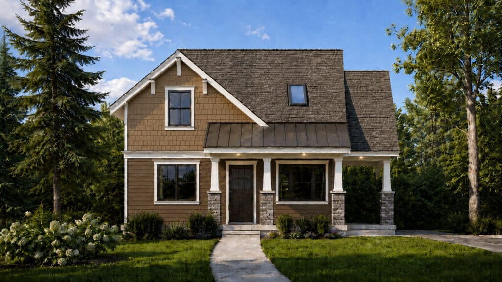 Muave-Option1-1 A charming brown DADU with a gabled roof, front porch, white trim, stone pillars, and surrounding greenery under a blue sky—thoughtfully designed with a flexible DADU floor plan to maximize comfort and functionality.