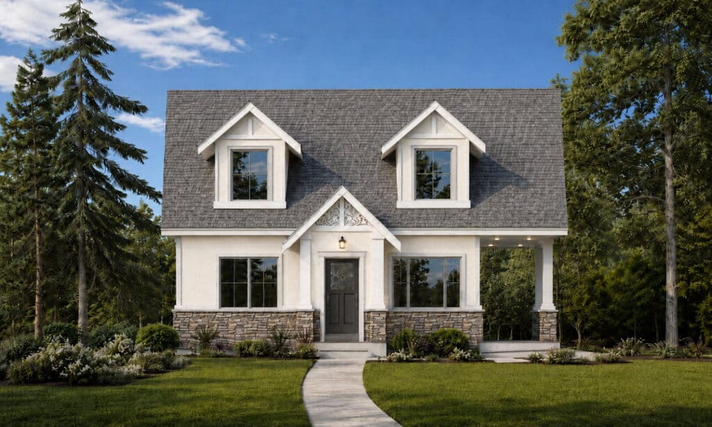 Orchid-Option-1-1 A two-story DADU with gray shingles, white siding, stone accents, and large windows showcases a thoughtfully designed DADU floor plan. A curved walkway leads to the front door, while the home is surrounded by green grass, shrubs, and tall trees.