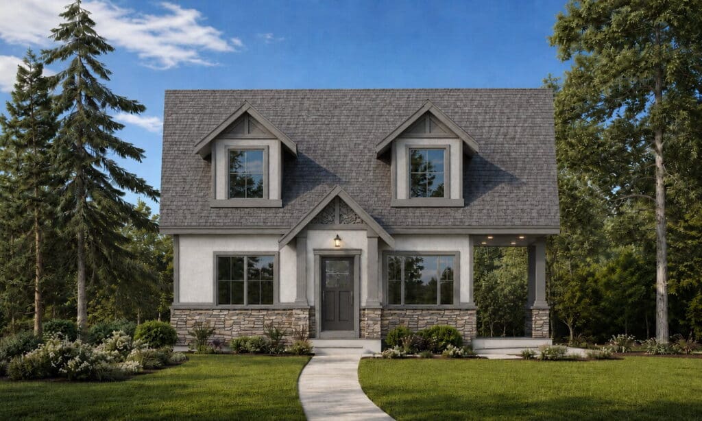Orchid-Option-2-1 Two-story DADU with gray roof, stone accents, and large windows. Featuring a thoughtfully designed DADU floor plan, a curved pathway leads to the front door, surrounded by green lawn, bushes, and tall trees under a clear blue sky.