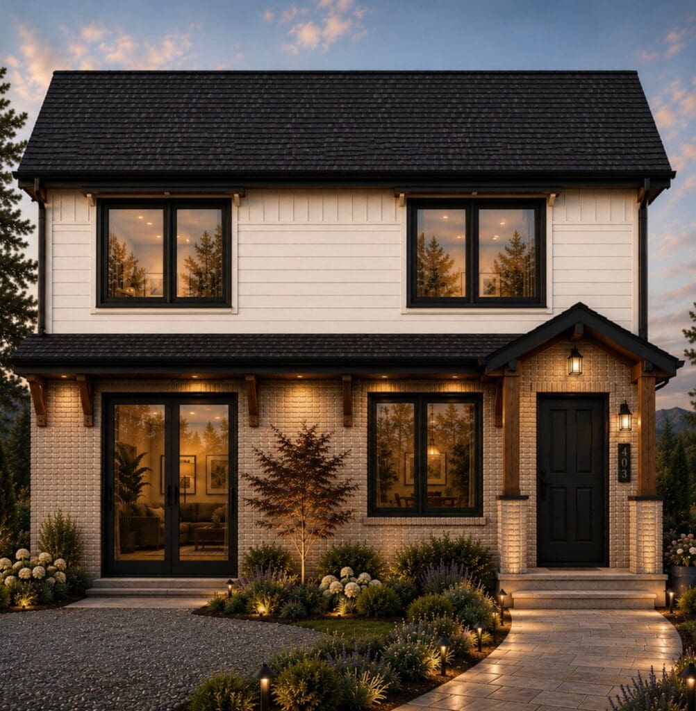 Screenshot-2026-07-13-at-9.38.14-AM-1 Two-story modern DADU with white siding, dark trim, and a black front door, surrounded by landscaped plants and outdoor lighting at dusk. Featuring a thoughtfully designed DADU Floor Plan, the home’s large windows reflect trees, creating a warm and inviting appearance.