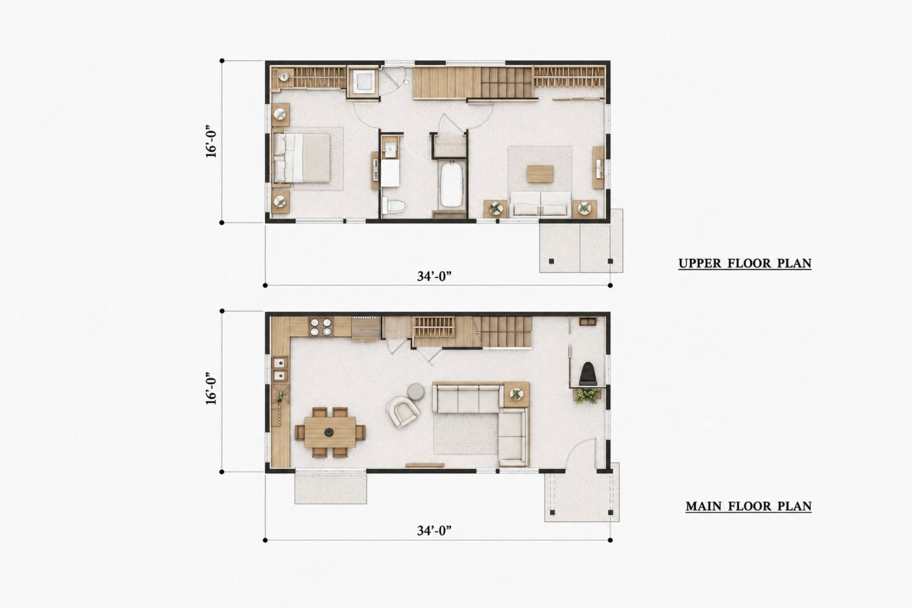 A two-story DADU floor plan with living, dining, and kitchen areas on the main floor; bedrooms and a bathroom upstairs. Each floor is 34 feet by 16 feet. Stairs connect both levels.