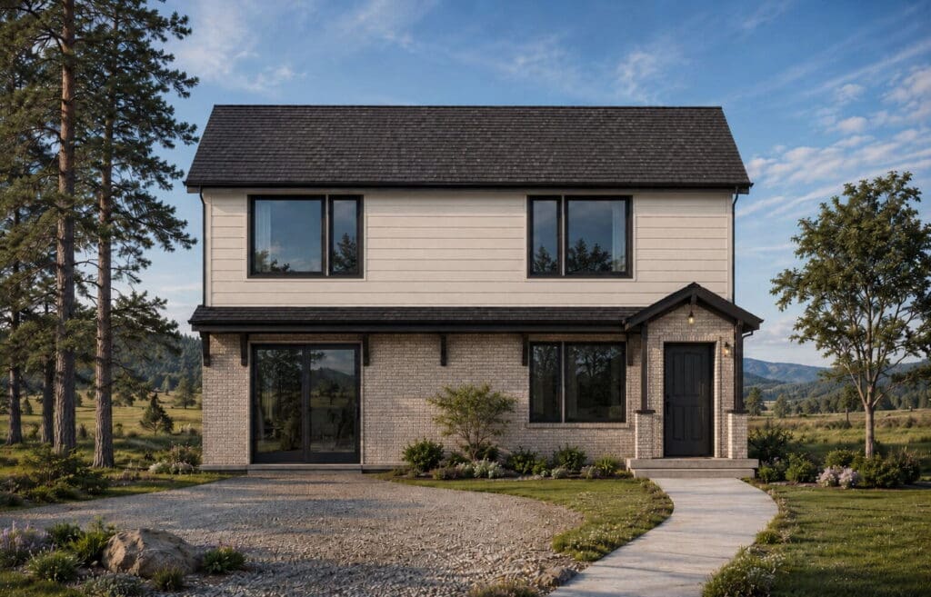 Sif-Option-1-1 A two-story modern DADU with light brick and siding, large windows, a dark roof, and a black front door. Designed with a smart DADU floor plan, it features a curved walkway leading to the entrance, surrounded by grass, trees, and a scenic outdoor landscape.
