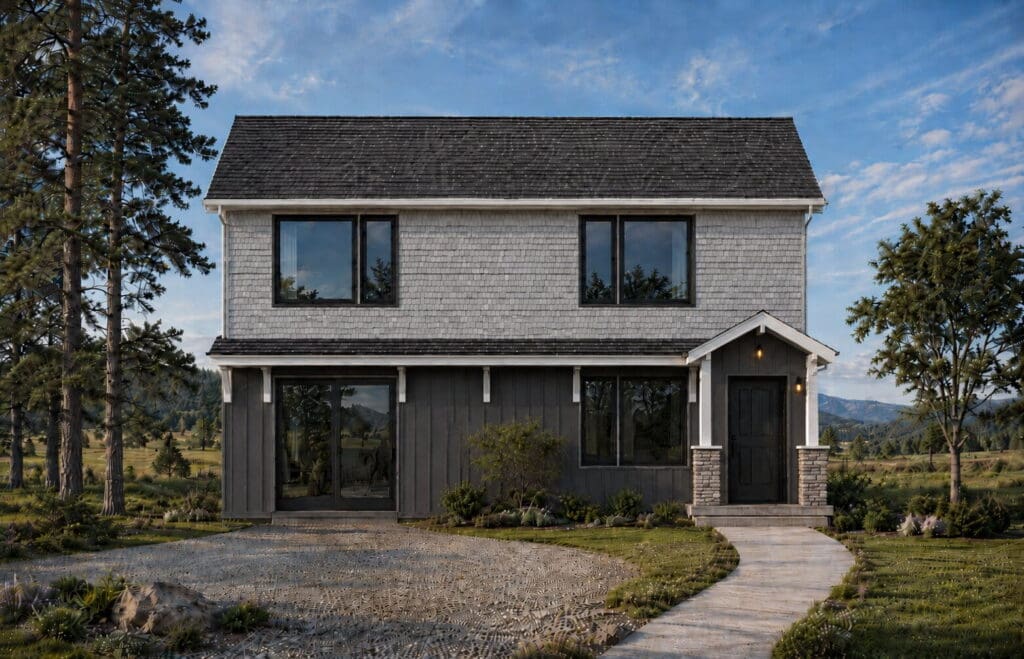 Sif-Option-2-1 A two-story DADU with large black-framed windows, a gray shingle upper facade, and a dark lower exterior showcases modern elegance and functionality. A curved walkway leads to the front door, surrounded by grass and trees, with mountains in the distance. The home thoughtfully incorporates a DADU floor plan, offering flexible living space that adapts to your needs.