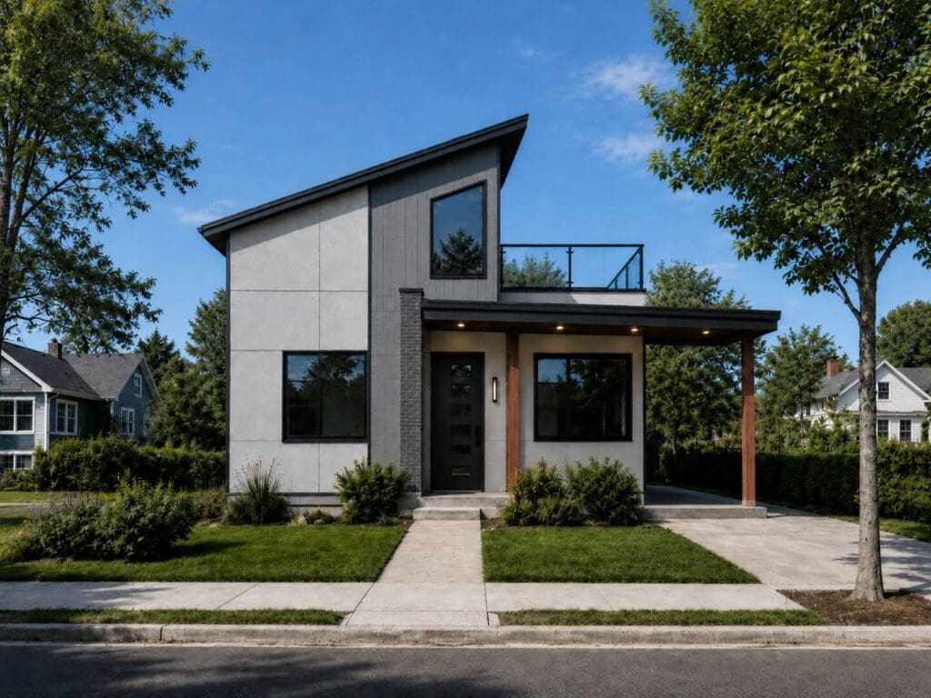 Violet-Option-2-1 Modern two-story DADU with large windows, gray and white exterior, flat and sloped roof sections, a covered porch, and a glass balcony—this thoughtfully designed residence features elements inspired by the DADU Floor Plan, all surrounded by green lawn and trees on a sunny day.