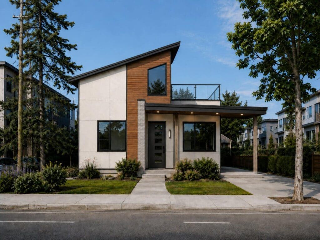 Violet-Option1-1 Modern two-story DADU with angled roof, large windows, wood and white panel exterior, covered entrance, small front lawn, and trees on both sides. The property showcases a stylish DADU floor plan and is located in a suburban neighborhood under a clear blue sky.