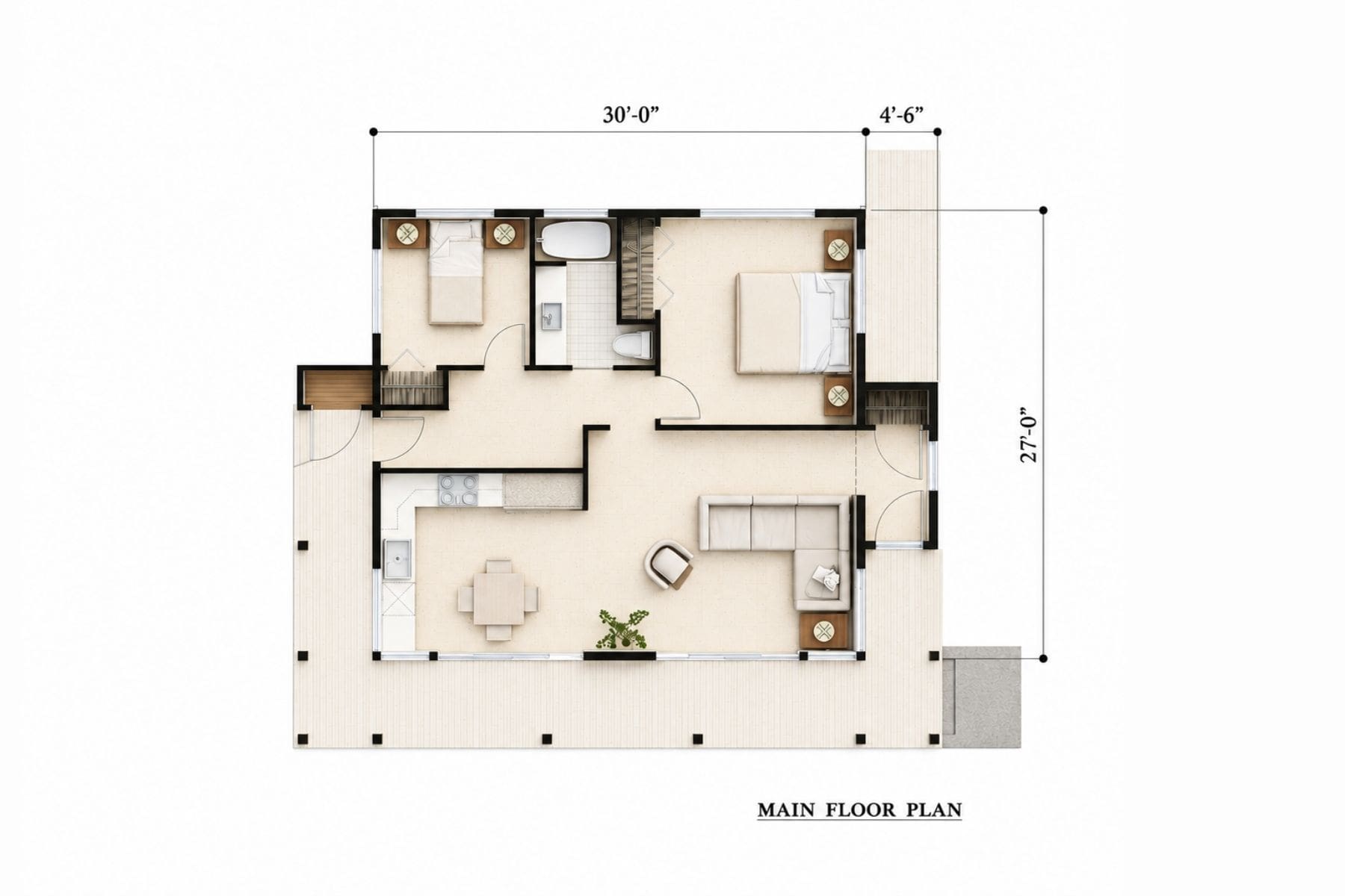 A main DADU floor plan showing two bedrooms, a bathroom, a kitchen, dining area, living room, and entry, with dimensions 30 x 27. Furniture and fixtures are illustrated for reference.