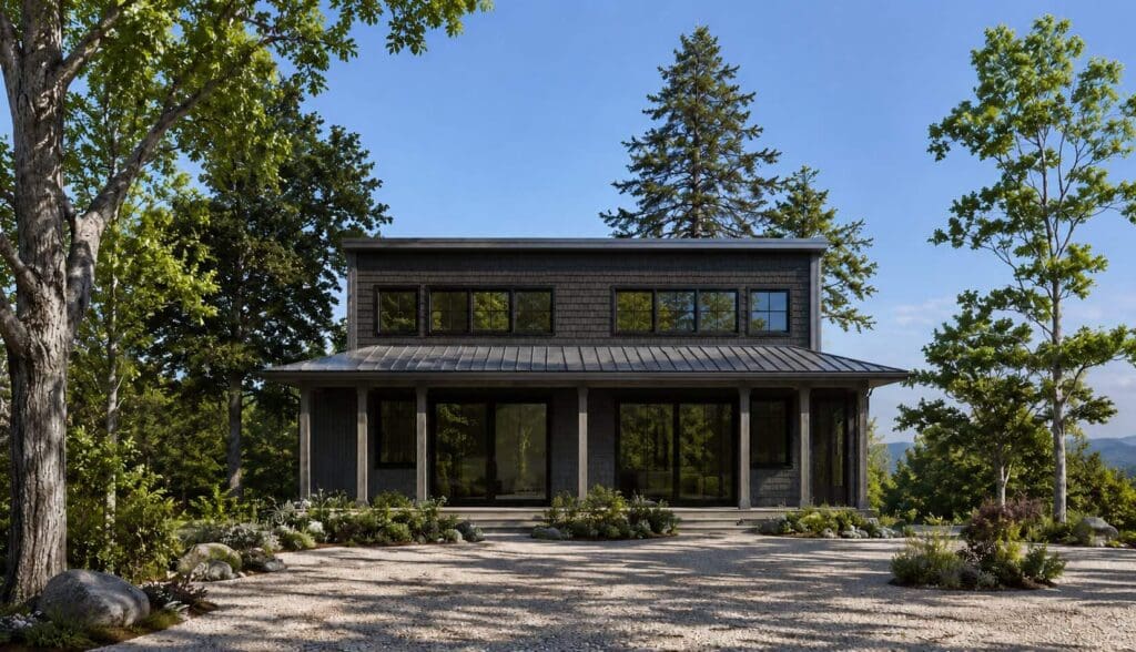 Willow-Option-2-1 Modern dark gray DADU with large windows and a metal roof, designed with a thoughtful DADU floor plan, sits under a clear blue sky on a gravel driveway, surrounded by trees and landscaping.