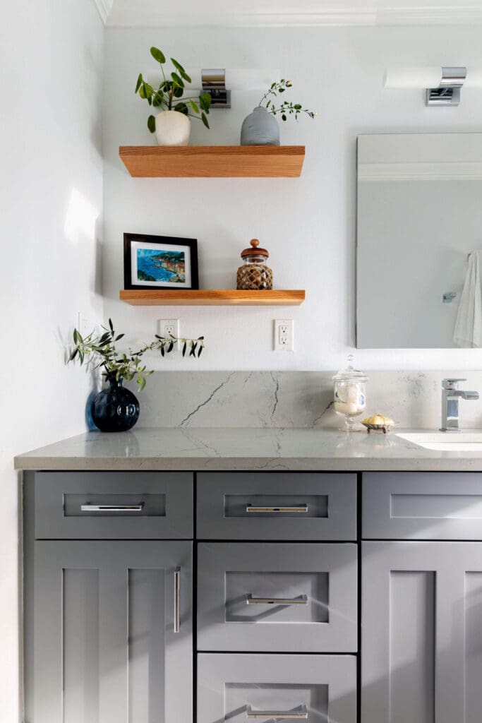 West Seattle bathroom, gray cabinets